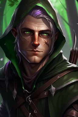 35 year old rogue gay elf, thief assassin, messy Mauve hair, sparkling green eyes, glowing brown skin, black hood, black leather, messy, disheveled, trees, sneaky, bow and arrows, tall, skinny, friendly, stoner