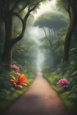 there are two friends. no one in the road and walking in the jungle.large trees.short road.beautiful flower