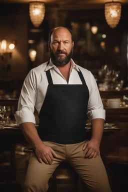 half figure shot photography of a 42 years old serious sicilian waiter in uniform, similar to Bud Spencer, shaved hair, muscular bearded strong chubby man with hands in the pockets, in an elegant empty restaurant, bulge, bullneck, manly chest, unshaved, short hair, photorealistic, dim light , side light, view from the ground