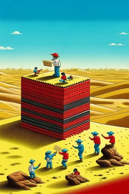 giant matchbox with pepe on the top smoking in the desert with small people around n the style of Hiroshi Nagai