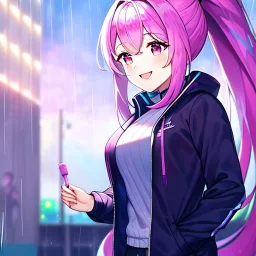 Clear focus, 8k, high quality, detailed, beautiful lighting, girl, vibrant colors, blue long hair, vibrant pink eyes, raining, ponytail, smile, jacket,