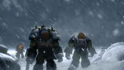 3 Warriors in blizzard, comic style