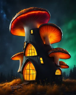 An asymmetrical mushroom house in the night sky. in space. Bright Bold Bright Colors, yellow orange green, Stark Dark background. Detailed Matte Painting, deep color, fantastical, intricate detail, splash screen, hyperdetailed, insane depth, Fantasy concept art, 8k resolution, trending on artstation, Unreal Engine 5, color depth, Deep Colors, backlit, splash art, dramatic, splash art Style. High Quality, Painterly, Whimsical, Fun, Imaginative, Bubbly, good detail, perfect composition,