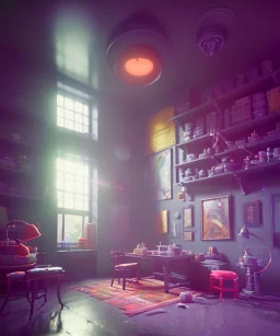 Ultra Realistic Room image with big sweet monster, Kandinsky artist style, highly detailed, unreal engine 5, RTX, ultra detail, volumetric lighting, finely drawn, high definition, high resolution.