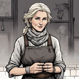 [illustration by Kevin Eastman and Peter Laird] Eliza is a middle-aged woman with a kind face and gentle eyes. Her once blonde hair has faded to a soft grey, often hidden beneath a simple scarf. She dresses plainly, in a simple tunic and skirt, with a heavy apron to protect her clothes from the various remedies and potions she works with. Eliza is known throughout Millbrook for her healing skills, having trained with the town's previous healer for many years before taking over the practice. Sh