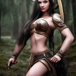 body amazon viking woman godess beauty forest snow black hair fighter