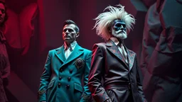 Nikon D850 with AF-S NIKKOR 24-70mm f/2.8E ED VR lens at f/5.6: [Two innovative contented individuals wearing strange, suave, beautiful, fantasy fashionable clothing] in a [parallel universe], showcasing [full-height figures from head to foot with intricate details], [vibrant colors and deep shadows], creating [a surreal and captivating atmosphere with precise textures and anatomy]. focus peaking enabled, Nikon Picture Control with enhanced color grading.