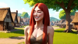 A photorealistic image of a red-haired, slender fantasy woman, winking and smiling, standing in a village common, surrounded by many thatched cottages and shops, under a large tree, early in the morning.