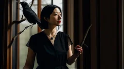 A young Asian woman in a black dress standing in a window frame, with a black bird perched on a branch in the foreground