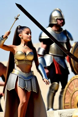 ariana grande in greek armor at the fall of the city of Troy trebuchet high quality high detail