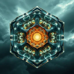 Dynamic hypnotic fractal 3D structures pentagonal Symmetry and morphing between organic and geometric forms , smooth translucent iridescent glass with inner glow and bubbles, varied transparent materials, stormy skies, intense dramatic