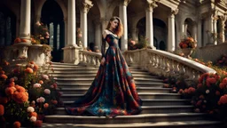 stunning fashion photo of a woman stands nice stairs best pose in extreme weird dress in garden, her is perfect beauty face, perfect full body, sunshine, , lace, deep colors, fine flower patterns, geometric, high detailed, sharp focus, stunning weird fashion, futuristic-Rococo style, best quality , professional photographer, best nikon shoot