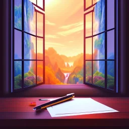 desk, parquet, sheet of paper, little pen, in front of one huge picture window with large view on a waterfall with warm light, sunset ,pixar style, panorama, nature, globe, HD