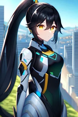 girl, masterpiece, best quality, cinematic lighting, detailed outfit, vibrant colors, perfect eyes, long hair, black hair, golden eyes, ponytail, hair between eyes, outdoors, depth of field, ray tracing, mech outfit, city, landscape,