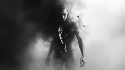 surreal vibe, grayscale, black and white, a caracter dissolving into shadows and fog, body torn into shards of light and darkness. A haunting, nightmare, composition that captures isolation, inner demons, struggle of anxiety. surreal, fog, shadows, atmospheric