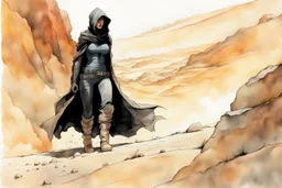 create an ink wash and watercolor, fine art print full body portrait illustration of a rugged gritty, roughly textured, hooded, black clad and dusty Fremen female mercenary with highly detailed feminine facial features, amidst the billowing desert storms of Arrakis, in the comic book art style of Bill Sienkiewicz, and Jean Giraud Moebius, finely textured, drawn, colored, and inked,