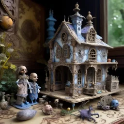 A pale purplish periwinkle haunted rotting toy workshop designed in Mehndi design painted by Gustave Courbet