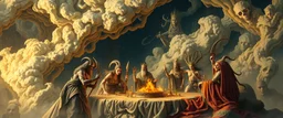 a myrriad and a star golem feast with greek gods, swirling illusion clouds, walls caving in, indian gods also, twisting grid blanket