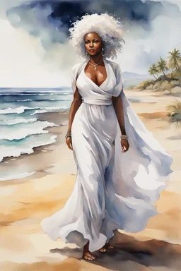 Create an urban culture watercolor painting of a beautiful thick black female wearing a soft white maxi dress and a white hair wrap. Prominent make up with lush lashes. Highly detailed tightly curly afro. Background of her walking in the sand by the ocean.