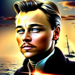  spray painted fantasy art, photorealism, realistic portrait of leonardo di caprio looking dorky, movie poster, titanic for reference, book cover illustration