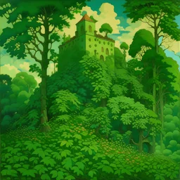 A green castle in a forest covered in vines painted by Paul Ranson