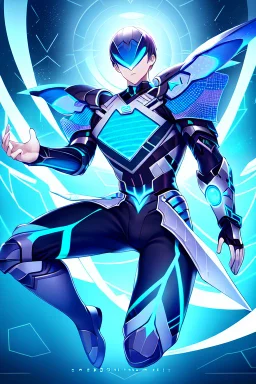 neon blue, flying parts of armor in form of triangles, cyber armor, geometric patterns on armor, male, orbiting triangle