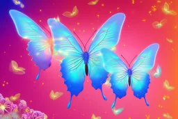  gold background, rise of soft transparent blue and pink butterflies