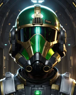 star wars bald male corellian pilot wearing black and bright gasoline green First Order special forces TIE pilot commando armored flightsuit and helmet with gold trim inside the jedi temple, centered head and shoulders portrait, hyperdetailed, dynamic lighting, hyperdetailed background, 8k resolution, volumetric lighting, light skin, fully symmetric details