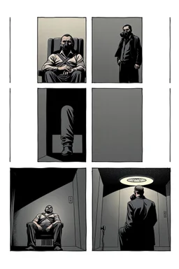 a page divided into 6 rectangular panels, each with different views of a man strapped to a chair and being interrogated by a man standing with a gas mask on, lower and higher perspectives, front and back, overhead light, suspenseful torture graphic novel, comic book