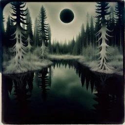 Sublime foto close-up polaroid ad alta definizione di una foresta di conifere falsa, strani mostri, un lago falso, surreale, collage art, dadaism, sublime, splimapys nero, cielo nero, acqua nera riflette un sole nero, macabre piante circondano il lago, alghe, hypermaximalist, Max Ernst style, strangeness, intricate, hypnotic, obsessive, 8k, deep 3d field, very accentuated details of the rocks, eerie, artistic photo, large format film, medium format film