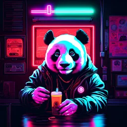 a portait of a panda, cyberpunk, neon lights, neon signs