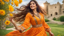 Hyper Realistic Photographic Close-Up View Of A Beautiful Young Pashto Woman With Beautiful Eyes Lips & Nose (Wearing Beautiful Orange Frock With Yellow Floral Patterns & Yellow-Ribbons On It Her Beautiful Long Hair Whirling In Air) Happily Whirling & Smiling Inside The Courtyard Of A Detailed-Crafted Stone-Castle On Grassy-HillTop With Yellow-Flowers & A Valley Down, At Cloudy Weather With Heavy Rainfall Showing Dramatic & Cinematic Ambiance.