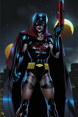 dark supergirl over a high building with a big machinegun light by the moonlight jim lee style