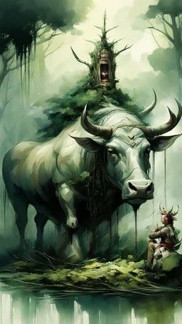 A bull or a horse with a wooden totem with spikes on it, in the middle of the forest. Opposite is a tree with a green-skinned man on it., by Ryohei Hase, Agnes Cecile, Raymond Swanland, Anne Bachelier