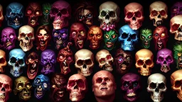 a picture of a dark, comedic, anatomically correct wall of colorful tightly packed skulls of varying sizes and expressions, photo realistic, insanely meticulous, highly detailed, part of a collection of bones on display, 64k, dystopian, vray