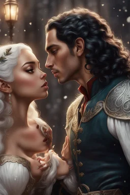 young mulatto woman with wavy snow white hair, kissing a male elf with short black hair