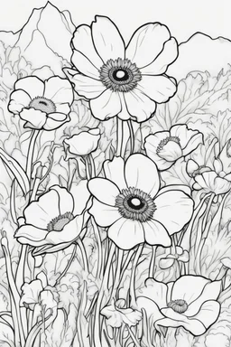 flowers coloring page for kids, anemone, cartoon style, thick outline, low details, no shading, no color