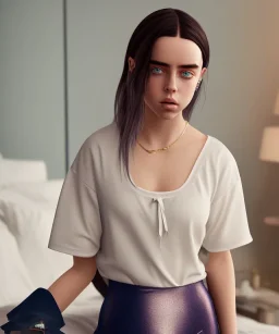 Billie Eilish, full body, on the bed, in my underwear, pale skin, high detail, realistic, 8k, not to be distinguished from a photo, identical pupils