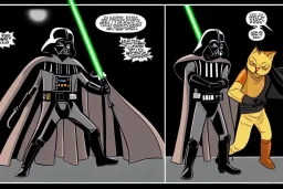 Cat dressed like Luke Skywalker and cat dressed like Darth Vader. Fighting with light swords. Graphic novel style. Colours