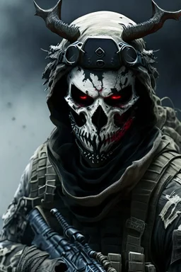 A soldier in the game modern warfare, he wears a skull mask with horns that covers his eyes. The lower half of his face is covered by a mask with a bloody fanged grin. He is a sniper, but can also run point. His call sign is Wraith. Couple