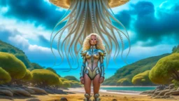 Wide-angle shot of a woman, standing to one side, with blond hair in a silver robotic catsuit, standing on a beach, gigantic flying mushrooms with jellyfish tentacles floating above her, with tall, narrow alien trees in the background