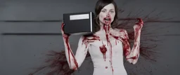 a faceless woman covered in blood holding up an empty black box