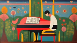 Lonely pianist, folk art surreal; mid-20th century naive art, abstract,