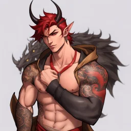 A Young Adult Male. A unique blend of Wood Elf and Red Tiefling features. His handsome face contrasts with the Yakuza dragon tattoos that completly cover his back, arms, and legs. He is wearing a torn coat, he also has earings. A physique that is strong and well-built, resembling a Fighter. Defined and Realistic