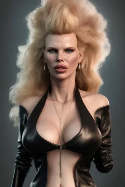 Kim Basinger in black leather gown, evil, villain, busty, cleavage, curvy, angry, happy, stern look. character design by cory loftis, fenghua zhong, ryohei hase, ismail inceoglu and ruan jia. unreal engine 5, artistic lighting, highly detailed, photorealistic, fantasy