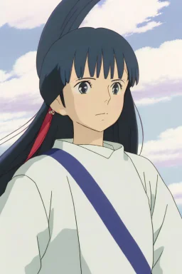 Yui: A full body image of Yui standing confidently in her rugged clothing, hands on her hips. Her athletic build, dark hair streaked with blue, and vibrant green eyes are clearly visible. Her look of determination reflects her adventurous spirit. Yui, in a full-body outdoor suit tailored from resilient material, is shown. Her suit features a built-in respirator mask, oxygen tank, and utility pockets. Her boots are more substantial, suitable for harsh conditions, and her gloves are thick and prot