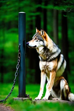 large wolf chained to a post