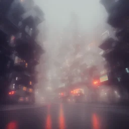 misty foggy area with a spirit in the middle of a bright japanese city at night