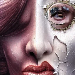 broken, cracked-open woman's face, fine detail, highly intricate, pieces of face falling off, wearing bridal veil, modern surrealism painting, high-quality, volumetric lighting, 8k, ultrahd, George Grie, Marco Escobedo, Igor Morski