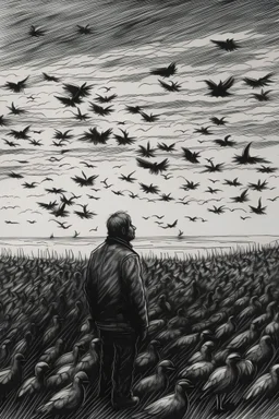 wide frame, pencil line, grizzled figure, calm, calm facial expression, unpredictable, calm surroundings. Dark clouds, black birds in flight, a large flock.